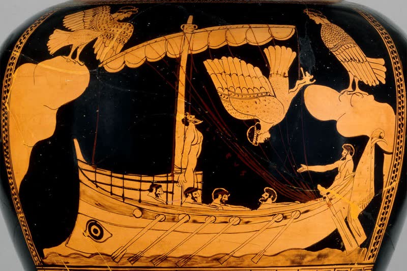 Ulisses e as sereias, estamnos de figuras vermelhas atenienses C5 aC, Museu Britânico