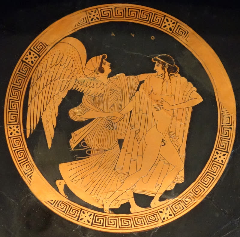 Eos, de asas abertas, alcança Titono, que foge de manto e lira na mão. Tondo de cálice ático de figuras vermelhas do século V a.C. Museum of Fine Arts, Boston (95.28).