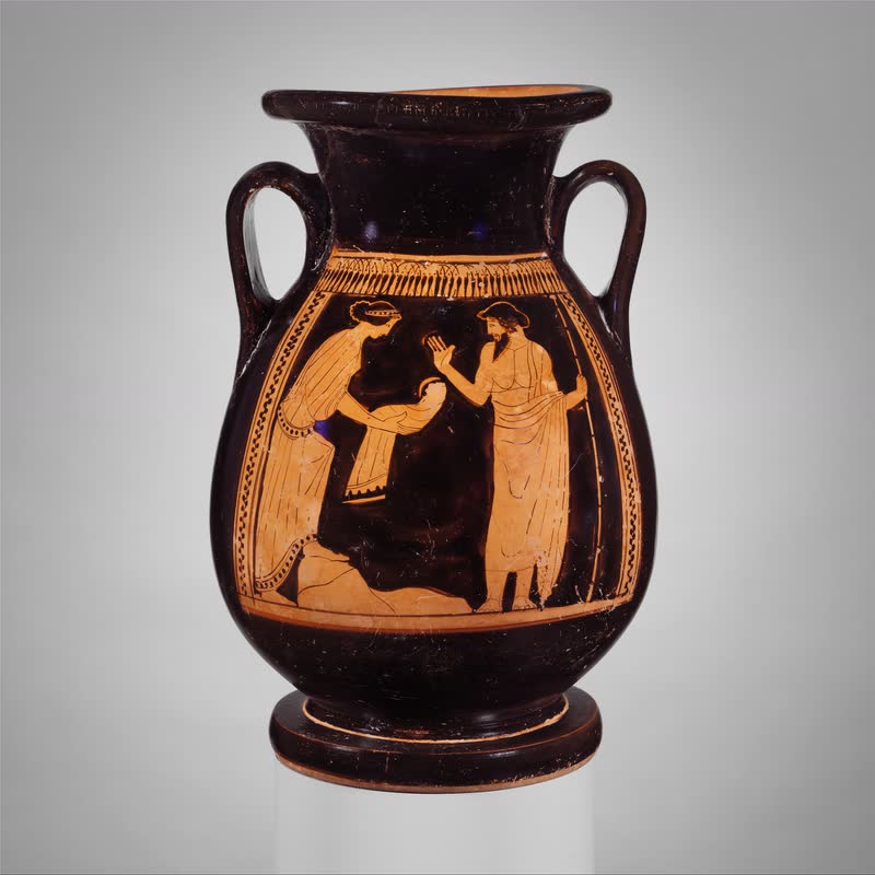 Cronos, sentado e de cetro, recebe das mãos de Reia a pedra enfaixada que ele engolirá no lugar do filho. Pelike ática de figuras vermelhas, ca. 460–450 a.C., atribuída ao Pintor da Nausícaa. Metropolitan Museum of Art, Nova York (06.1021.144).
