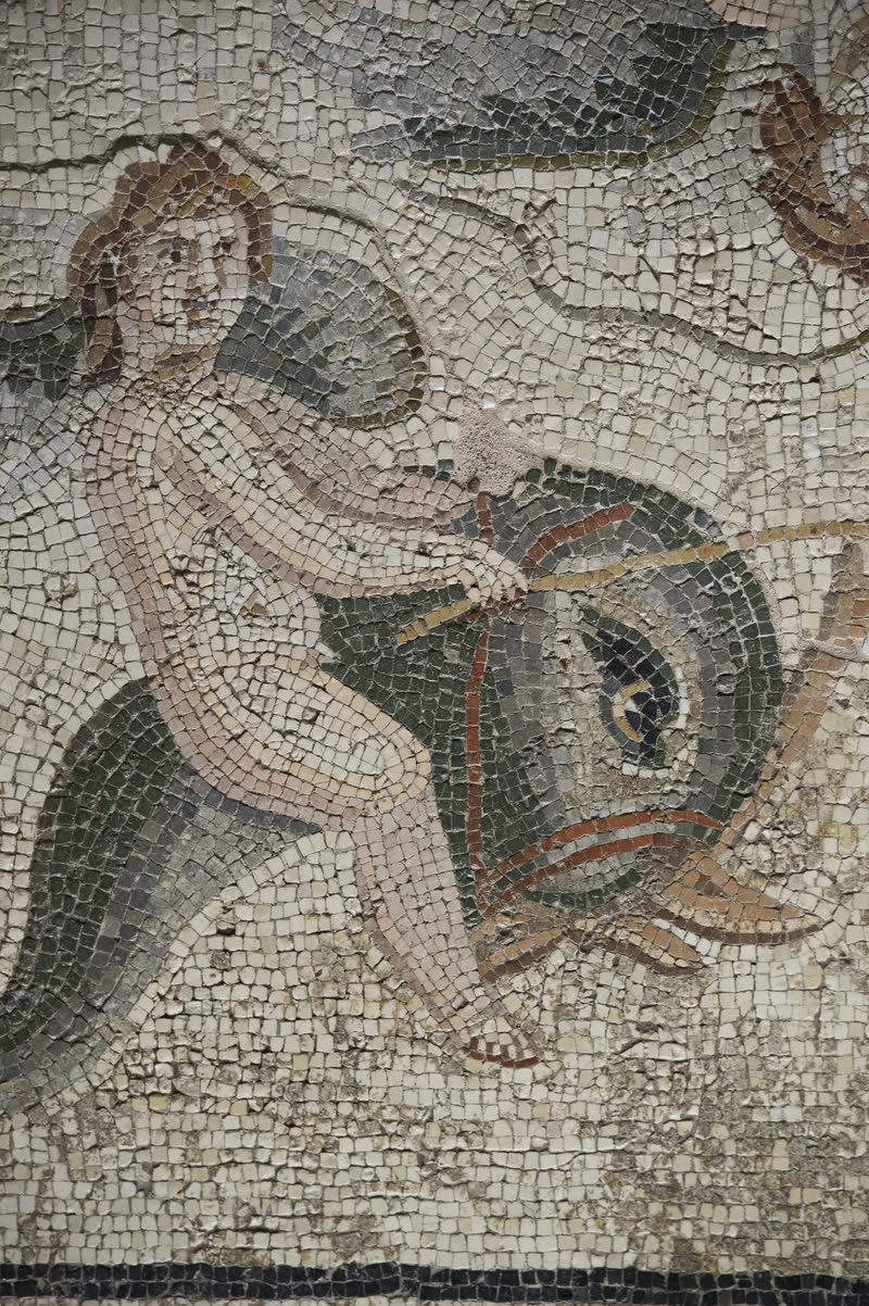 Detalhe do mosaico de Oceano e Tétis: uma figura de cabelos soltos ao lado de um grande peixe, entre as ondas de tésseras. Mosaico greco-romano de Zeugma, séculos I–II d.C. Museu do Mosaico de Zeugma, Gaziantep.