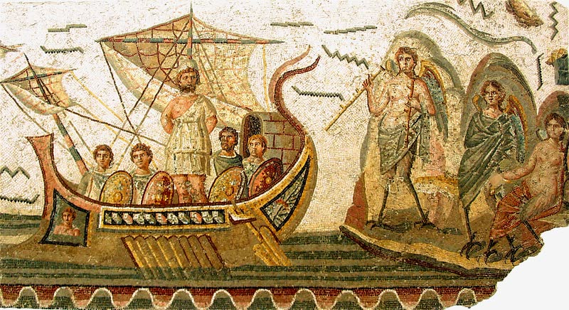 Odisseu de pé contra o mastro, os braços para trás, e os companheiros atrás dos escudos alinhados na amurada; à direita, na rocha, as três sereias — uma de flauta, uma de manto, uma de lira. Mosaico romano de Dougga, século II d.C., Museu Nacional do Bardo, Tunis.